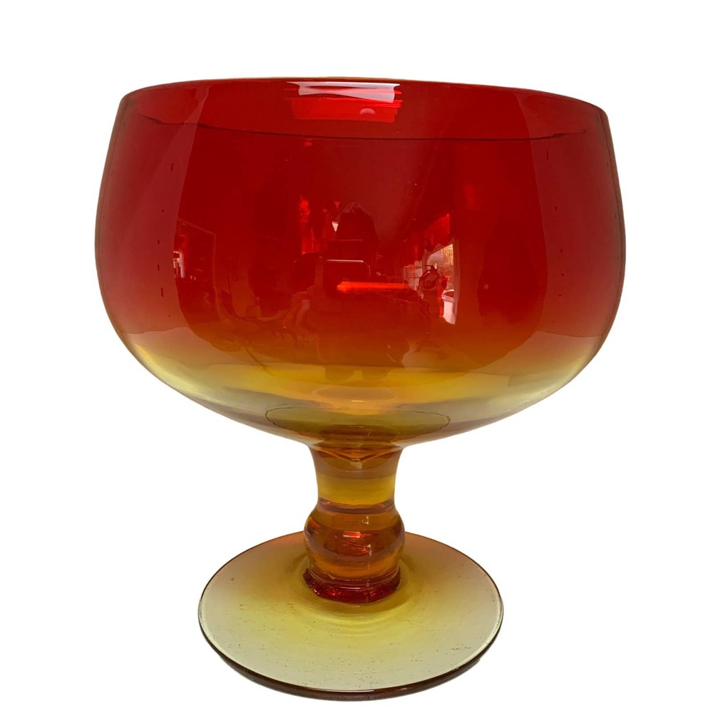 Vintage Blenko Glass Tangerine Amberina Orange Footed Bowl #629